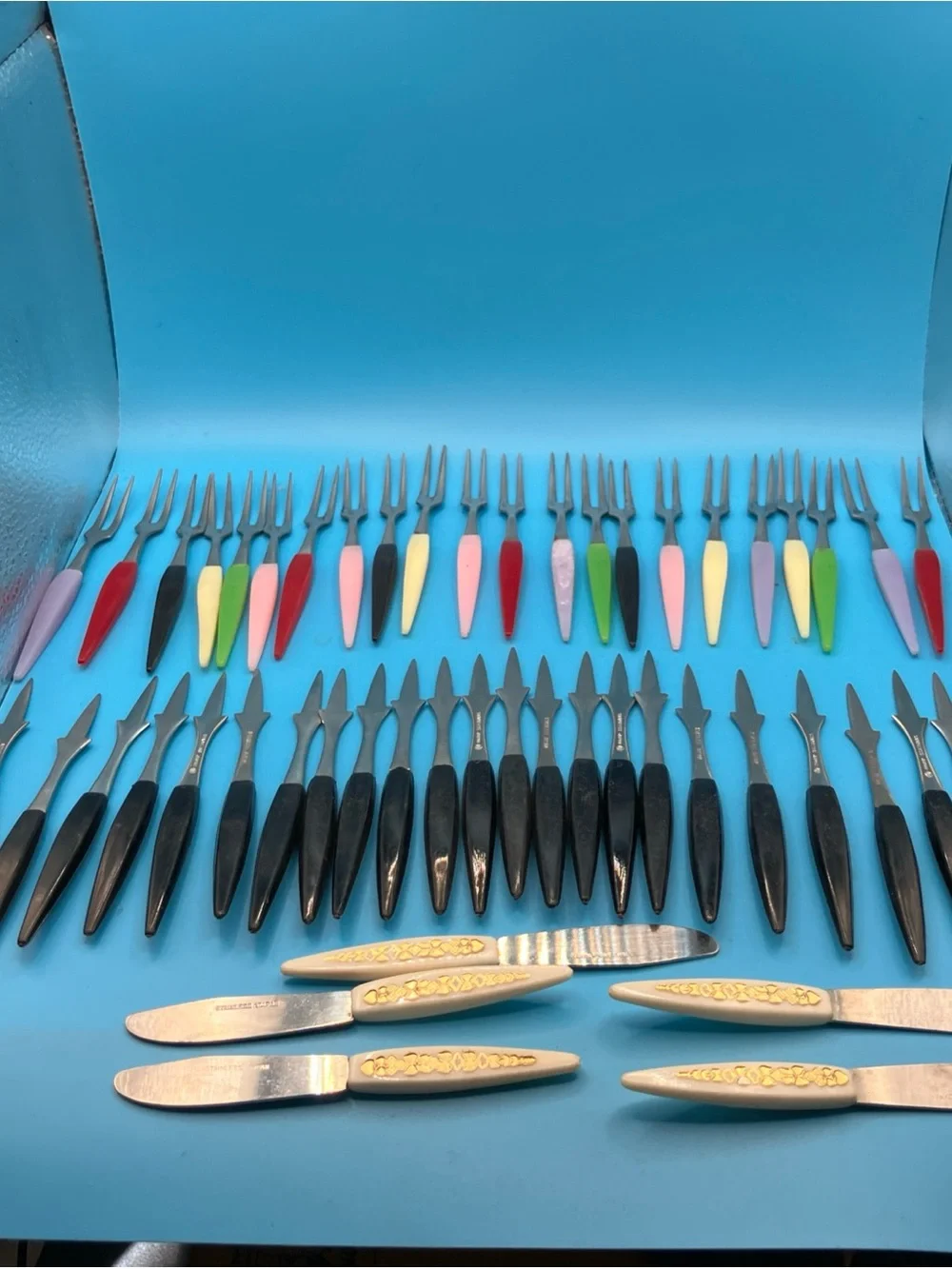 Vintage Japan Little Forks Set 50 Cocktail Appetizer Colorful Handles Stainless